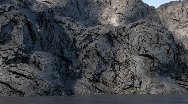 Abstract Black Rock Achtergrond Met Leeg Podium Dark Stone Cliff — Stockfoto