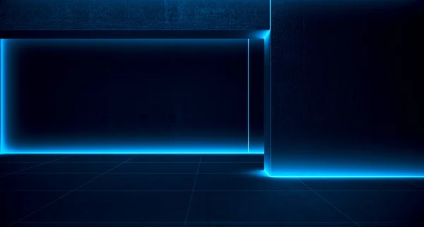 三维抽象科幻小说未来空间黑暗隧道 霓虹灯蓝色和黑色背景 — 图库照片