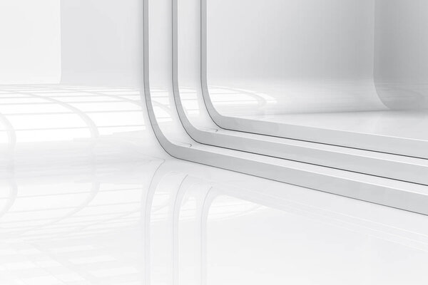 Abstract white backdrop with light and reflection. Elegant highlights clean space modern showroom concept. 3d rendering