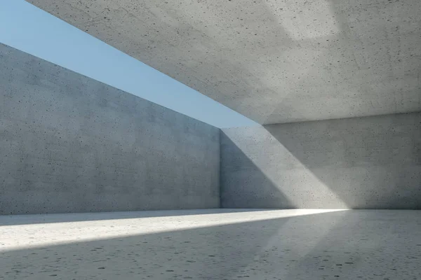 Açık tavan ve duvarlı soyut boş beton oda arkaplanı, 3D illüstrasyon.