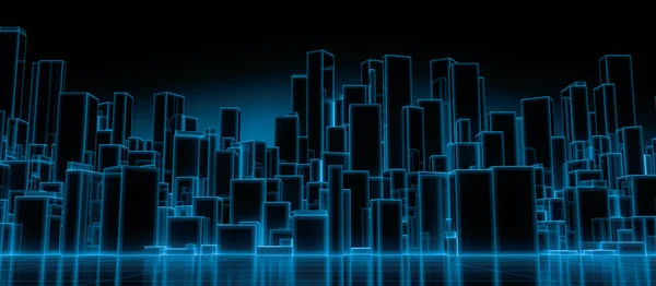 Ayna zemininde mavi gölgeli tel çerçeveli soyut gelecek blokları olan bir şehir. Dijital gelecek mimari teknolojisi arka plan kavramı. 3 Boyutlu Hazırlama.