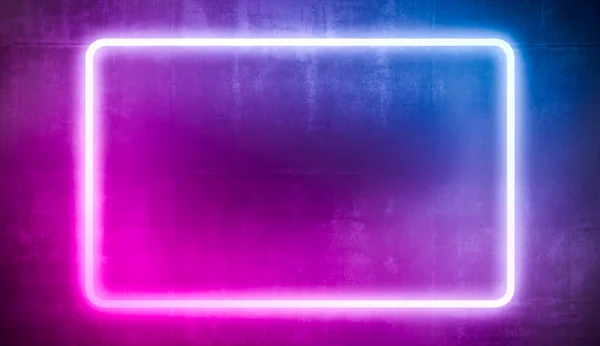 Neon frame abstract square, glowing light blue and pink color on concret wall. 3d rendering.