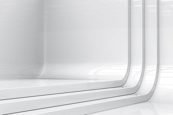 Abstract white backdrop with light and reflection. Elegant highlights clean space modern showroom concept. 3d rendering