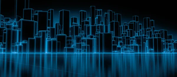 Absztrakt Futurisztikus Blokkok Város Drótkerettel Kék Árnyékban Tükör Padlóján Digitális — Stock Fotó