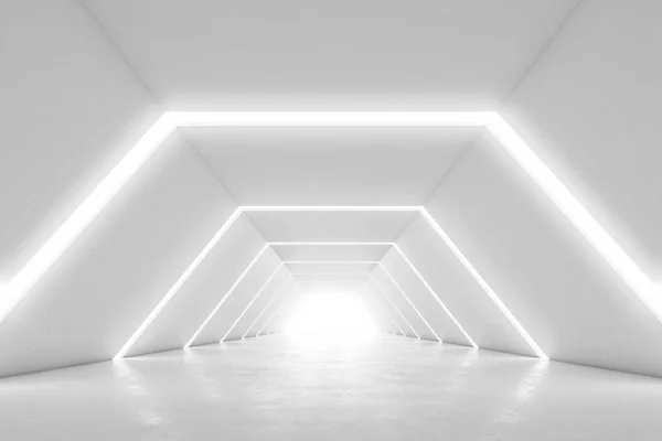 Aydınlatılmış koridor iç tasarımı. Işık arka planlı soyut gelecekçi tünel. 3B görüntüleme.