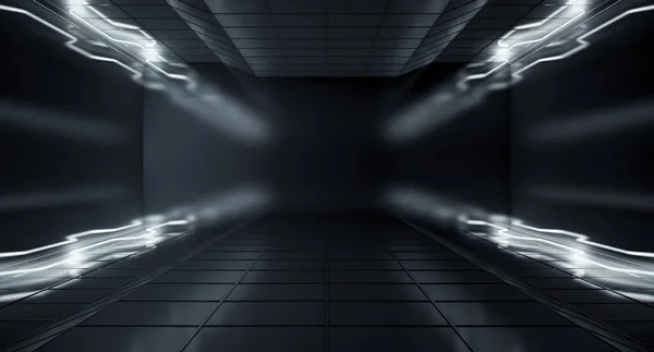 Σύγχρονη Tech Σκοτεινό Χώρο Δωματίου Λευκό Χρώμα Νέον Λαμπερό Φως — Φωτογραφία Αρχείου