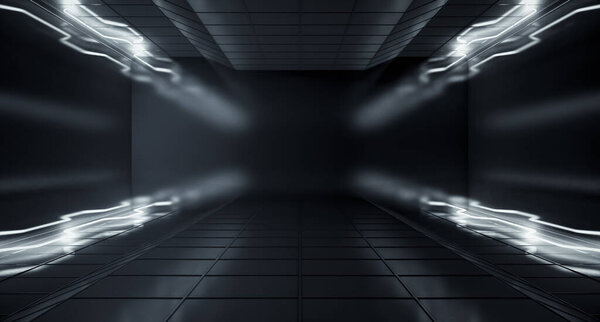 Современное высокотехнологичное темное пространство с белым цветом неоновых светящихся световых труб. Абстрактная футуристическая концепция фона. 3D-рендеринг