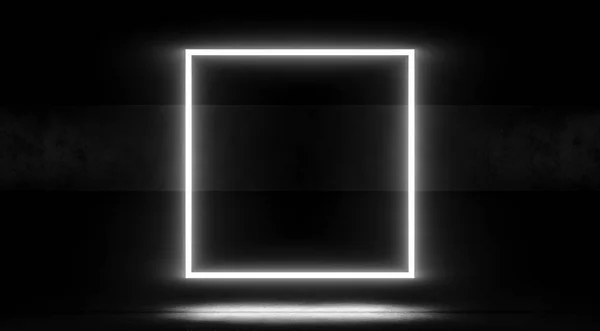 Neón Cuadrado Que Brilla Luz Sobre Fondo Abstracto Oscuro Renderizado — Foto de Stock