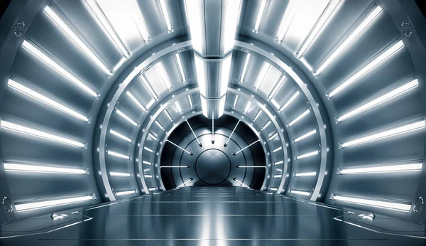 Futuristico Tunnel Metallo Acciaio Con Luce Lungo Corridoio Vista Interna — Foto Stock