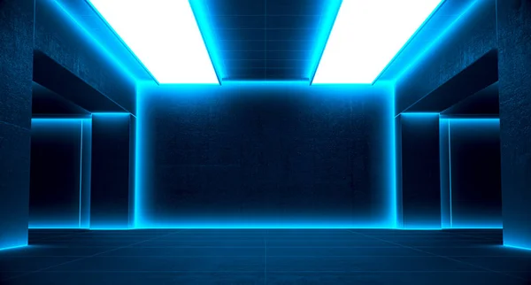 抽象的な空の部屋に青いネオン輝くライト 歯ざわりだ 未来的背景 3Dレンダリング図 — ストック写真