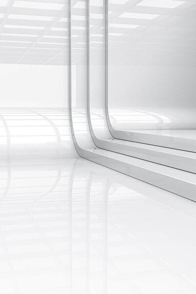 Abstract white backdrop with light and reflection. Elegant highlights clean space modern showroom concept. 3d rendering