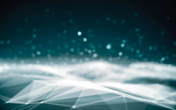 soyut geometrik kompozisyon, bağlı noktalar çizgileri ve parçacık soyutlaması olan üçgenler gelecekteki gelecek konsept tasarımı için. 3d illüstrasyon