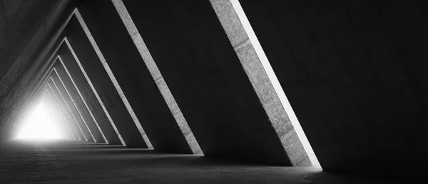 Boş Uzun Işık Koridoru. Modern beton arka plan. Geleceğin bilim kurgu üçgeni tüneli. 3B Hazırlama