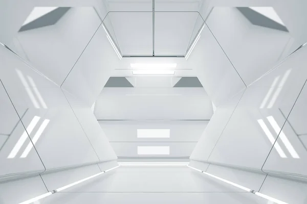 Streszczenie Sześciokątnego Korytarza Statku Kosmicznego Futurystyczny Tunel Światłem Przyszłe Wnętrze — Zdjęcie stockowe