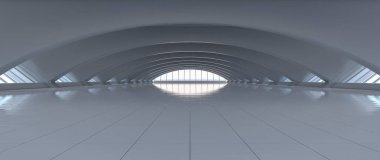 Fütürist eğri tüneli. Uzun koridor manzarası. Gelecekteki modern arka plan konsepti. Soyut iç tasarım. 3B görüntüleme.