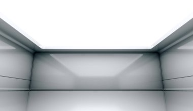 Çağdaş fütüristik kavram geçmişi. Boş, karanlık, karanlık, aydınlık bir oda. 3B Hazırlama.