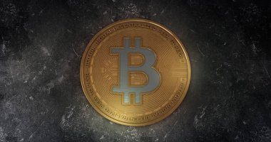 Kripto para birimi, bitcoin, BTC, madencilik, engelleme teknolojisi. Macro shot altın sikke. 3B illüstrasyon.