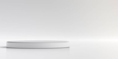 Arka planda minimum ürün standı var. Beyaz stüdyoda sunumlar için silindir şekilli podyum. 3 Boyutlu Hazırlama.