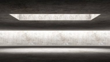 Zarif, berrak beton zemin ve doğa ışığı olan büyük, boş bir duvar. İç mekan konsepti. Modern şehir tarzı. 3B görüntüleme.