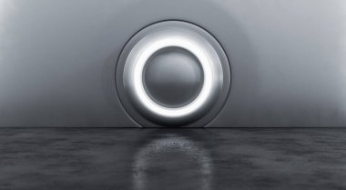 Beton zeminli gümüş metalik modern sergi elementinin soyut iç tasarımı. Boş Gelecek 3B Hazırlama Arkaplanı.