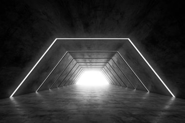 Soyut fütüristik karanlık koridor iç tasarımı. Işık arka planlı gelecek konsept tüneli. 3B görüntüleme.