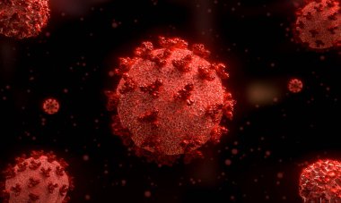 Grip virüsü hücreleri. Enfeksiyon mikroskobik görüntü Coronavirus COVID-19 'u kapatın. 3B illüstrasyon.