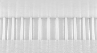 Soyut beyaz zemin ve sütunlu duvar arkaplanı. Modern sergi odası tasarımı. Fütürist iç görünüş. 3d Hazırlama.