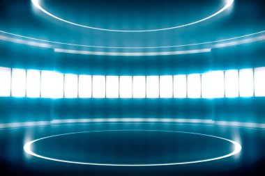 Parlak ışığı olan fütüristik boş sahne. Modern Gelecek Teknolojisi Bilim-Kurgu iç konsepti. 3d oluşturma