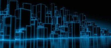 Ayna zemininde mavi gölgeli tel çerçeveli soyut gelecek blokları olan bir şehir. Dijital gelecek mimari teknolojisi arka plan kavramı. 3 Boyutlu Hazırlama.