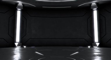 Boş sahneli fütüristik iç mekan. Modern Gelecek geçmişi. Teknoloji bilim kurgu hi-fi konsepti. 3d oluşturma