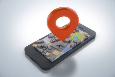 Navigator haritalı ve işaretli akıllı telefon. Navigasyon, konum rotası, seyahat ve turizm planlama konsepti. 3B illüstrasyon.