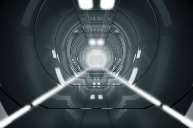 Soyut daire uzay gemisi koridoru. Işıklı geleceksel tünel. Geleceğin iç mimarisi, iş dünyası, bilim kurgu konsepti. 3d oluşturma