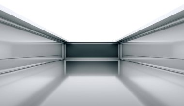 Siyah ekranlı çağdaş fütüristik kavram arka planı. Boş, karanlık, karanlık, aydınlık bir oda. 3B Hazırlama.