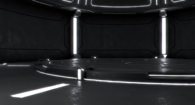 Boş sahneli fütüristik iç mekan. Modern Gelecek geçmişi. Teknoloji bilim kurgu hi-fi konsepti. 3d oluşturma