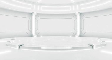 Futuristic interior with empty stage. Modern Future background. Technology Sci-fi hi tech concept. 3d rendering clipart