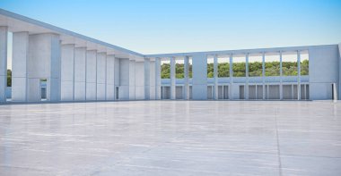 Boş beton duvarın soyut arkaplanı ve zemin ağaçlarla kaplı, modern güneş ışığı ve mavi Gökyüzü Sahnesi, 3D görüntüleme.