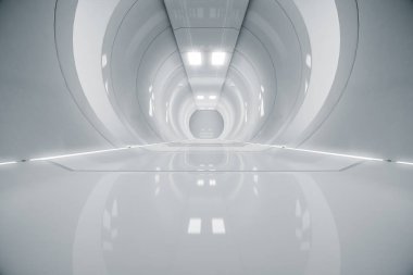 Soyut daire uzay gemisi koridoru. Işıklı geleceksel tünel. Geleceğin iç mimarisi, iş dünyası, bilim kurgu konsepti. 3d oluşturma