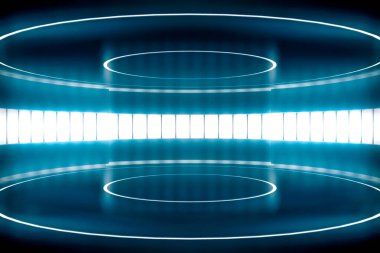 Parlak ışığı olan fütüristik boş sahne. Modern Gelecek Teknolojisi Bilim-Kurgu iç konsepti. 3d oluşturma