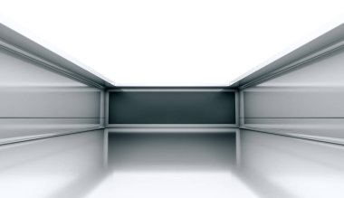 Siyah ekranlı çağdaş fütüristik kavram arka planı. Boş, karanlık, karanlık, aydınlık bir oda. 3B Hazırlama.