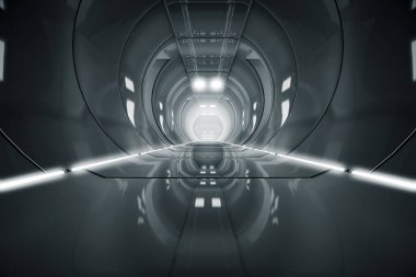 Soyut daire uzay gemisi koridoru. Işıklı geleceksel tünel. Geleceğin iç mimarisi, iş dünyası, bilim kurgu konsepti. 3d oluşturma