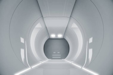 Soyut daire uzay gemisi koridoru. Işıklı geleceksel tünel. Geleceğin iç mimarisi, iş dünyası, bilim kurgu konsepti. 3d oluşturma