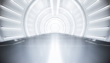 Işıklı gelecekçi beyaz tünel. Uzun koridor manzarası. Gelecekteki bilim kurgu konsepti. 3B görüntüleme.