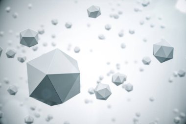 Soyut uçan parçacıklar platonik küreler ya da boşlukta çokgen toplar. Geleceğe yönelik bir geçmiş. Gelecek kavramı. 3d oluşturma