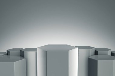 Zarif Altıgen Boş ürün standı. Tasarım platformu. Göstermek için kaldırım taşı. Gelecekçi kavram geçmişi. 3B görüntüleme