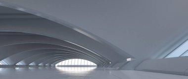 Fütürist eğri tüneli. Uzun koridor manzarası. Gelecekteki modern arka plan konsepti. Soyut iç tasarım. 3B görüntüleme.