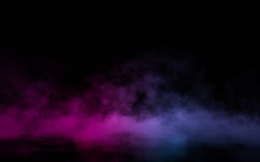 Pembe ve mavi renkli parlayan duman atmosferinin olduğu boş bir sahne. Moda renkli spektrum arkaplanı. 3d oluşturma.