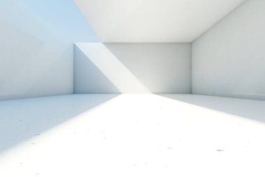 Açık tavan ve duvarlı soyut boş beton oda arkaplanı, 3D illüstrasyon.