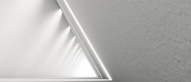 Boş Uzun Işık Koridoru. Modern beyaz arka plan. Geleceğin bilim kurgu üçgeni tüneli. 3B Hazırlama