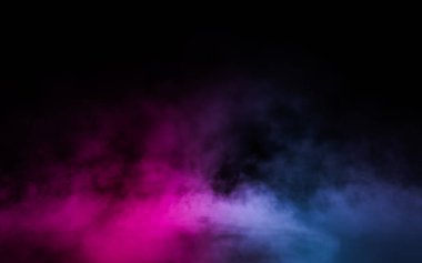 Pembe ve mavi renkli parlayan duman atmosferinin olduğu boş bir sahne. Moda renkli spektrum arkaplanı. 3d oluşturma.