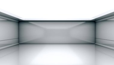 Çağdaş fütüristik kavram geçmişi. Boş, karanlık, karanlık, aydınlık bir oda. 3B Hazırlama.